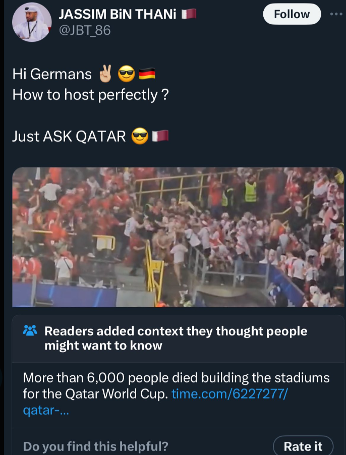 screenshot - Jassim Bin Thani Hi Germans How to host perfectly? Just Ask Qatar Readers added context they thought people might want to know More than 6,000 people died building the stadiums for the Qatar World Cup. time.com6227277 qatar... Do you find thi